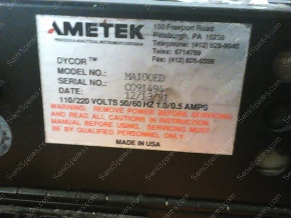 MA100ED | DYCOR QUADRAPOLE GAS ANALYZER P/N MA100ED, WITH ELECTROMETER & CABLE P/N 95298WE
