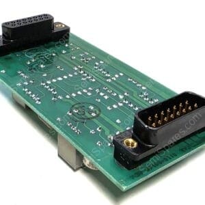 Green PCB with two black 25-pin connectors and gold-plated pins, viewed at an angle; an internal interface breakout board.