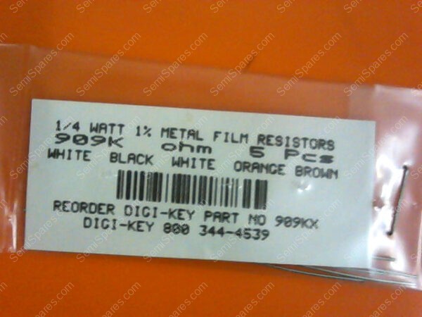 909KX | 1/4 WATTS 1% METAL FILM RESISTORS 909KX OHM (PACKAGE OF 5)