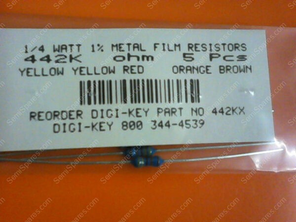 442KX | 1/4 WATTS 1% METAL FILM RESISTORS 442KX OHM (PACKAGE OF 5)