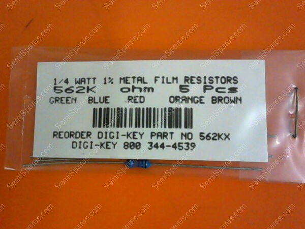 562KX | 1/4 WATTS 1% METAL FILM RESISTORS 562K OHM (PACKAGE OF 5)