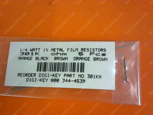 301KX | 1/4 WATTS 1% METAL FILM RESISTORS 301KX OHM (PACKAGE OF 5)