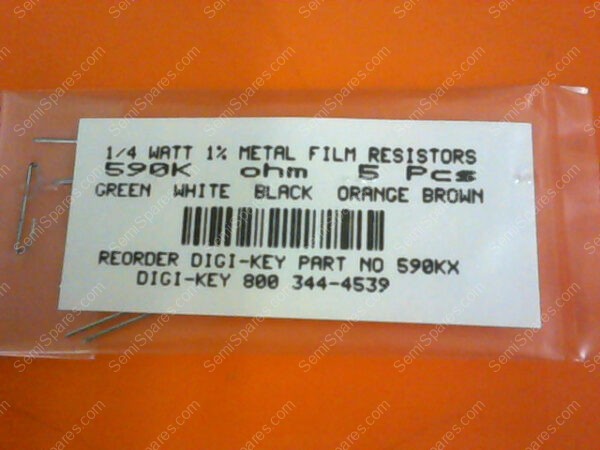 590KX | 1/4 WATTS 1% METAL FILM RESISTORS 590KX OHM (PACKAGE OF 5)