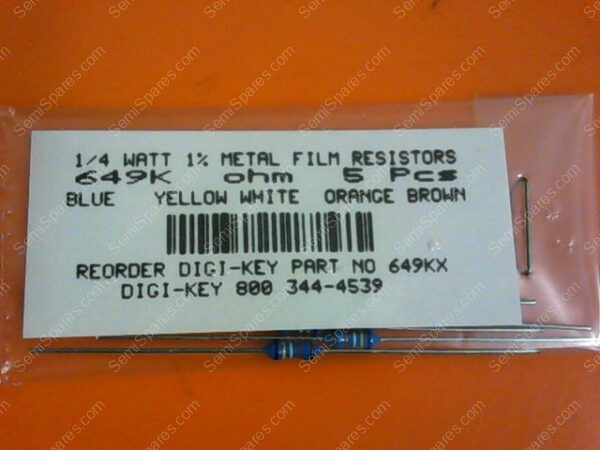 649KX | 1/4 WATTS 1% METAL FILM RESISTORS 649KX OHM (PACKAGE OF 5)