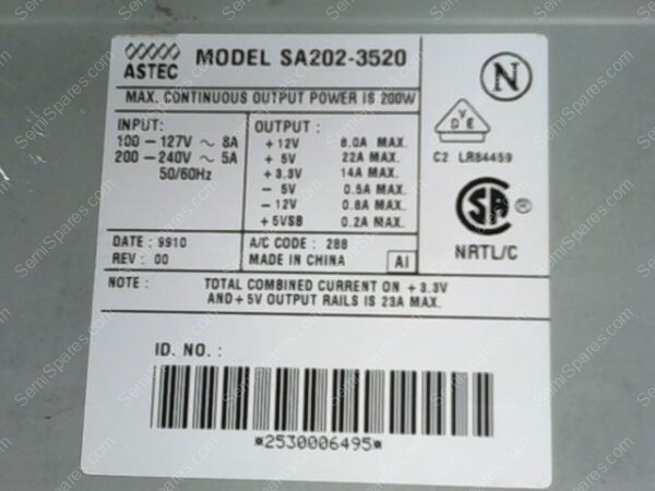 MODEL SA202-3520 | ASTEC 200 WATTS ATX POWER SUPPLY - Image 2