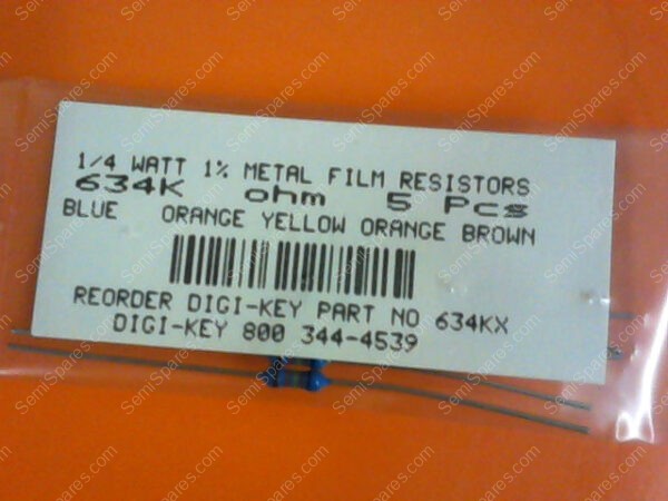 634KX | 1/4 WATTS 1% METAL FILM RESISTORS 634KX OHM (PACKAGE OF 5)