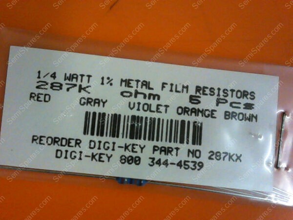 287KX | 1/4 WATTS 1% METAL FILM RESISTORS 287KX OHM (PACKAGE OF 5)