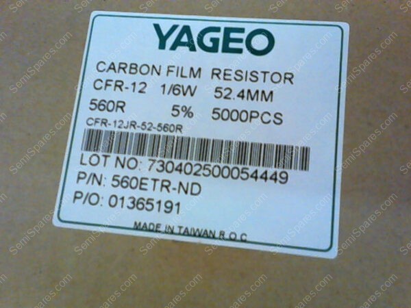 560ETR-ND | CARBON FILM RESISTOR CFR-12 1/6W 52.4MM 560R 5% (5000PCS