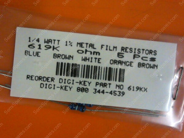 619KX | 1/4 WATTS 1% METAL FILM RESISTORS 619KX OHM (PACKAGE OF 5)
