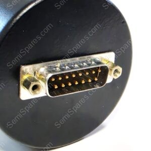 Close-up of a round black electronic device with a metal 26-pin D-sub connector and two mounting screws on the sides.
