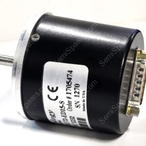 Close-up of a small cylindrical DC motor with a metal shaft on the left, mounting flange, and a white label on the body.