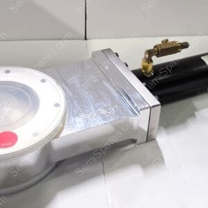 Industrial actuator assembly with a silver rectangular housing and a black cylindrical component with brass fittings, on a white surface.