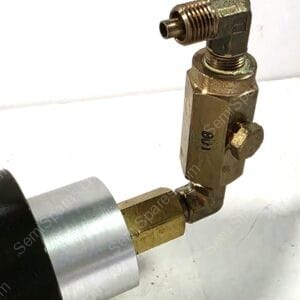 Close-up of a brass angle valve with an inline threaded outlet and a side adjustment knob, attached to a brass pipe elbow.