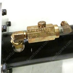 Brass inline pneumatic control valve labeled 'PNEU-TROL' mounted on a black pipe with hex nuts and clamps.