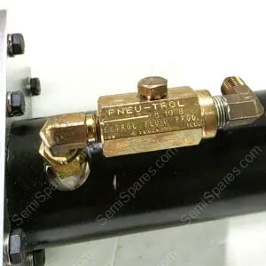 Brass inline pneumatic control valve labeled 'PNEU-TROL' mounted on a black pipe with hex nuts and clamps.
