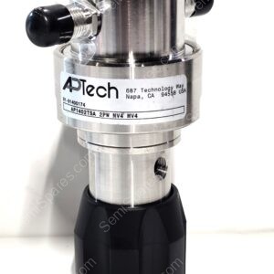 Close-up of a shiny metal precision tool with black knobs and a white label reading 'ATech' and an address in Napa, CA on the side.