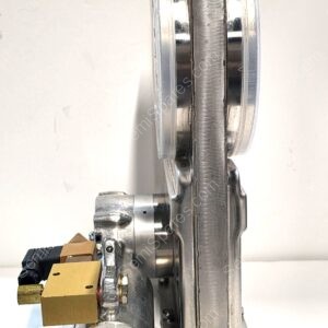 Side view of a metal press with a large round roller on the left and a sturdy vertical frame on the right, mounted to a base plate.