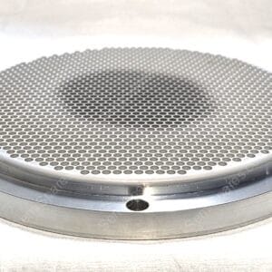 Close-up of a stainless steel circular vent cover with evenly spaced small round holes (perforated metal grille).
