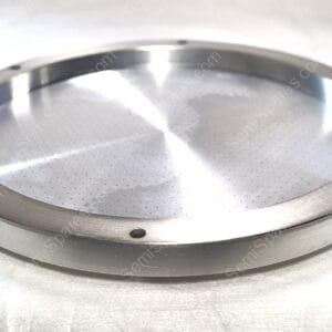 Close-up of a shiny stainless steel circular flange with perforated inner surface and edge holes.