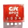 BP04KE | DIP SWITCH SPST 4 POSITION THROUGH HOLE RIGHT ANGLE SLIDE (STANDARD) ACTUATOR 100MA  5VDC RAISED PC PIN