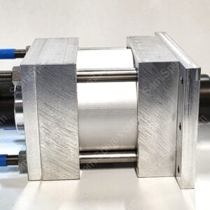 Industrial metal clamp/fixture with blue-tipped screws and a sliding carriage along a silver linear guide.