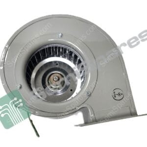 Close-up of a gray circular metal housing with visible turbine blades inside and several screws around the rim, suggesting a component like a blower or turbine wheel.