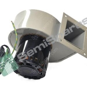 Close-up of an HVAC blower motor assembly with a round black motor and a metal housing, exposing green/yellow wiring.