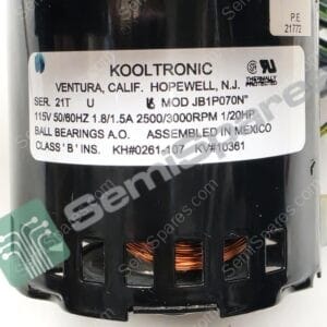 Close-up of an electric motor with a white label reading KOOLTRONIC and specifications, plus visible copper windings around the bottom.