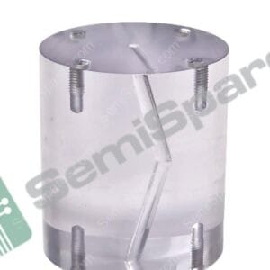 Aluminum cylinder mounting component with four bolts on the rim and a vertical clear rod running along its side.