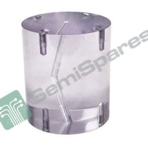 Metal cylindrical motor housing with four bolts around the edge and a central shaft in the middle