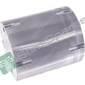 Close-up of a gray cylindrical metal component with two small threaded set screws and a green circuit-pattern label partially visible on the side.