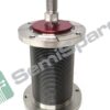 Close-up of a stainless steel threaded shaft with a red anodized collar mounted on a circular flanged base with mounting holes, seen from the side.