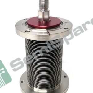 Close-up of a stainless steel threaded shaft with a red anodized collar mounted on a circular flanged base with mounting holes, seen from the side.