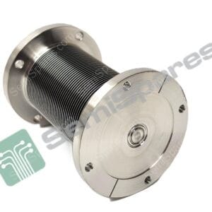 Coiled metal spring inside a circular metallic housing with bolt holes, viewed at an angle (industrial component).