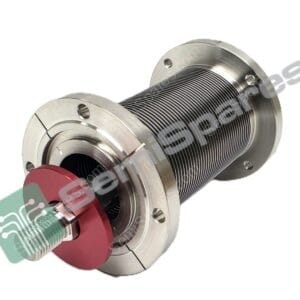 Close-up of a metal threaded fitting or coupling with a red end cap and flange holes, showing precision machining.