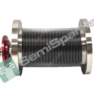 Close-up of a precision spring assembly: tightly wound metal coil with end plates, red adjustment collar on the left, and a threaded shaft.