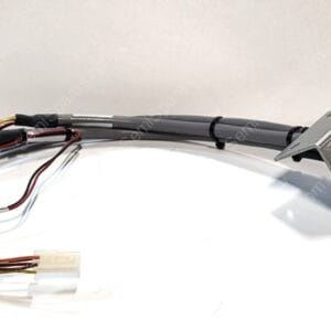 Electrical wiring harness with a gray multi-pin plug and several color-coded wires on a white surface