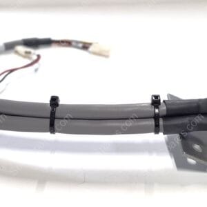 Electrical wiring harness with multiple colored wires and a metal mounting bracket, secured by zip ties on a gray cable sheath.