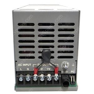 Metal power supply unit with vented housing, showing labeled AC input and DC output terminals with red/black wires connected.