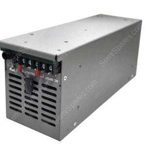 Grey metal power supply enclosure with terminal blocks and ventilation slots on the front panel, showing AC input and output connections.