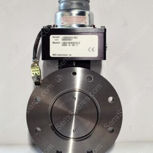 Metal precision instrument with circular flange and a rectangular black housing labeled by MKS Instruments, Inc.