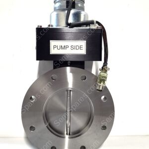 Industrial pump assembly with a black control block labeled 'PUMP SIDE' mounted atop a metal flange and motor, cables visible on the side.