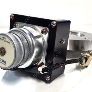 Close-up of an MKS control valve mounted on a black metal frame, showing a silver round actuator and labeled dial reading 'MKS Control Valve'.