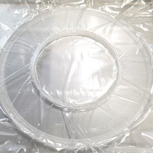 Close-up of a round metal tray covered in clear plastic wrap.