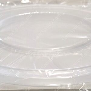 Stack of white disposable plates wrapped in clear plastic wrap.