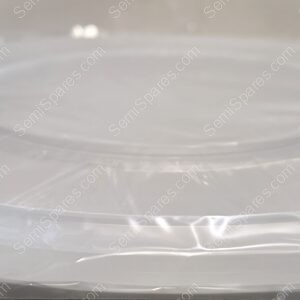 Close-up of a white ceramic plate covered with clear plastic wrap in a refrigerated or prep setting.