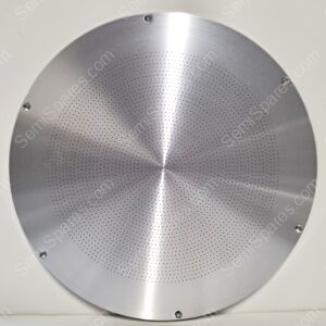 Close-up of a brushed stainless steel circular perforated panel with screws around the rim