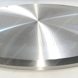 Round brushed stainless-steel plate with small central perforations arranged in curved lines and a central hub, likely a perforated diffuser or cover.