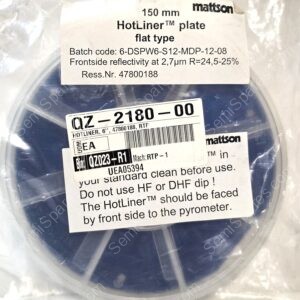 Label on a plastic package: '150 mm HotLiner plate flat type' with batch and specs; Mattson brand visible.