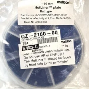 Label on a plastic package: '150 mm HotLiner plate flat type' with batch and specs; Mattson brand visible.